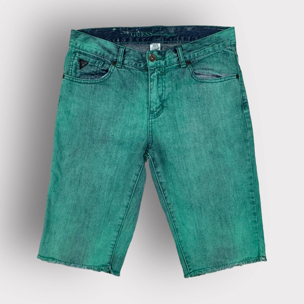 GUESS Shorts Jean Bermuda Cutoffs Distressed 100% Cotton Green Size 18